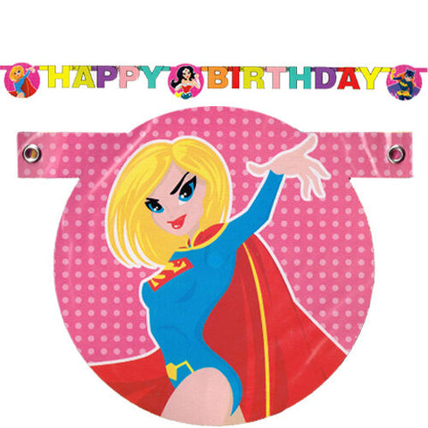 Justice League Superhero Happy Birthday Party Banner featuring Wonder Woman, Supergirl, and Batgirl