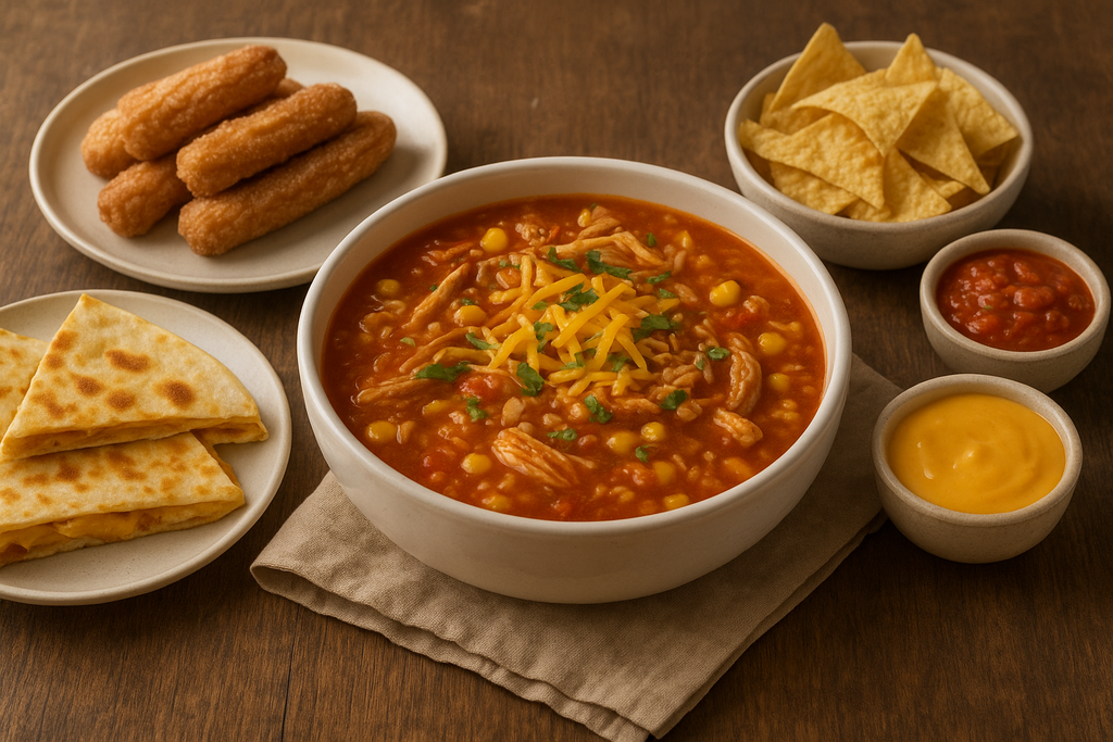 Chicken Taco Soup, Cheesy Quesadillas  & Churro Bites