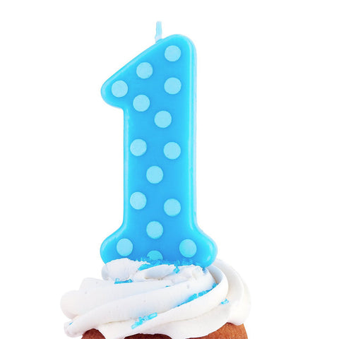 Numeral 1 First Birthday Blue with White Polkadots Party Candle