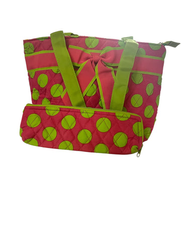 Pink with Lime Green Polka Dots Insulated Quilted Lunch Tote Bag