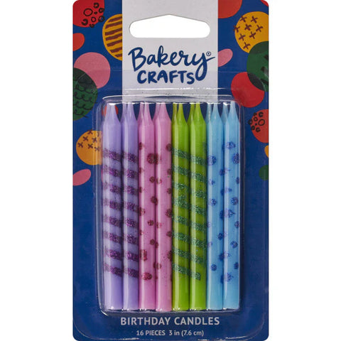 Multi-colored Glitter Party Candles with Stripes and Dots