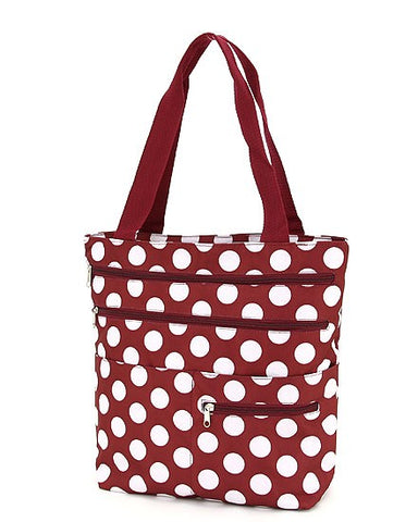 Multi Zipper Canvas Tote Bag - Maroon with White Polka Dots