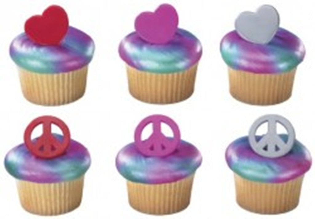 24 Peace & Love Peace Sign and Heart Cupcake Rings