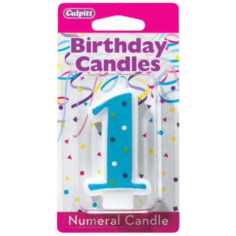 Numeral 1  First Birthday Blue Dots Candle