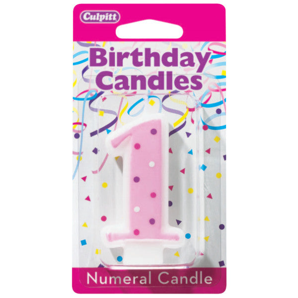 Numeral 1  First Birthday Pink Dots Candle