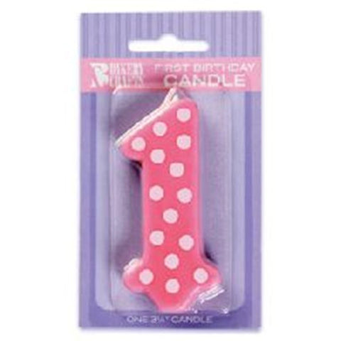 Numeral 1  First Birthday Pink Polka Dot Candle