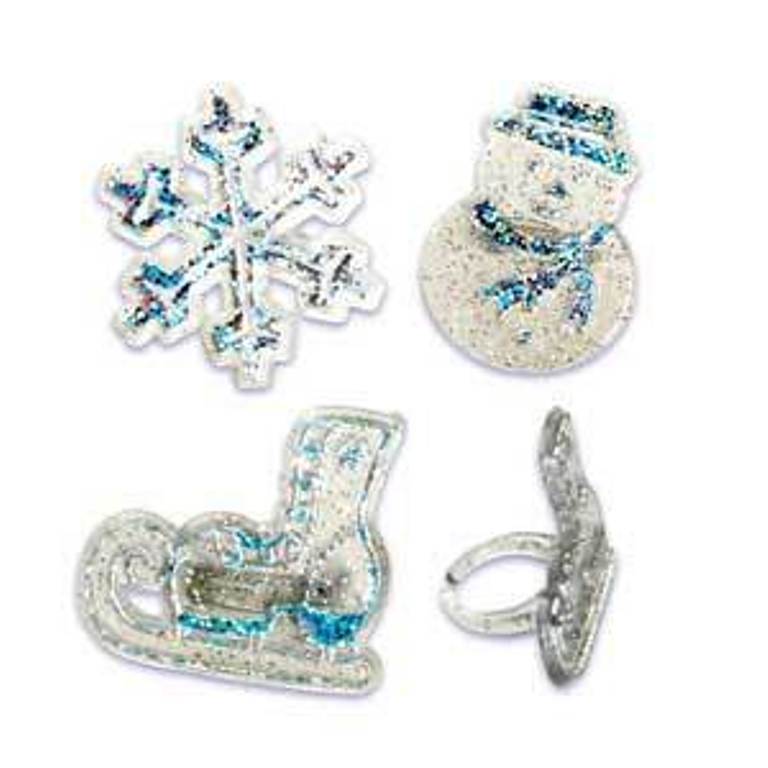 24 Cold Weather Snowflake, Snowman, & Ice Skate Cupcake Topper Rings