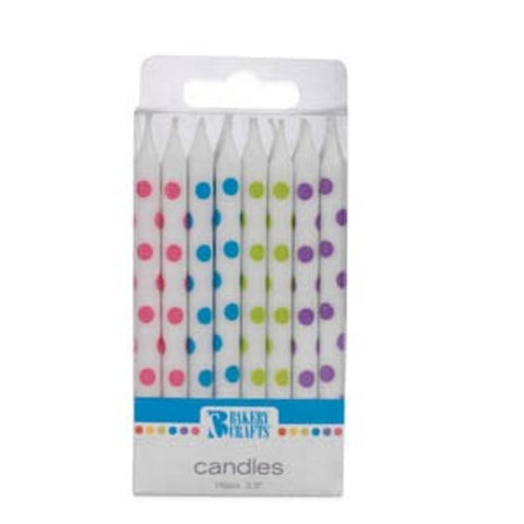 White Skinny Candles with Colorful Polkadots