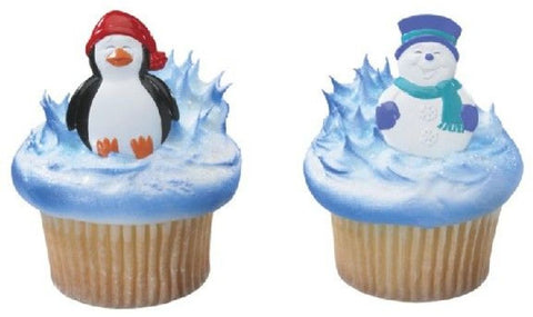 24 Penguin & Snowman Cupcake Topper Rings