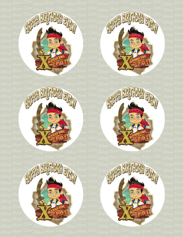 Personalized Jake and the Neverland Pirates Edible Icing Cupcake or Cookie Decor Toppers - JNP2